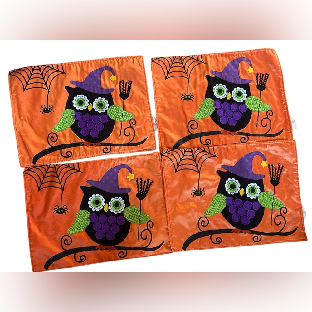 Halloween Placemats Set of 4 Owl Spider Print Fabric Table Mats 18x13"